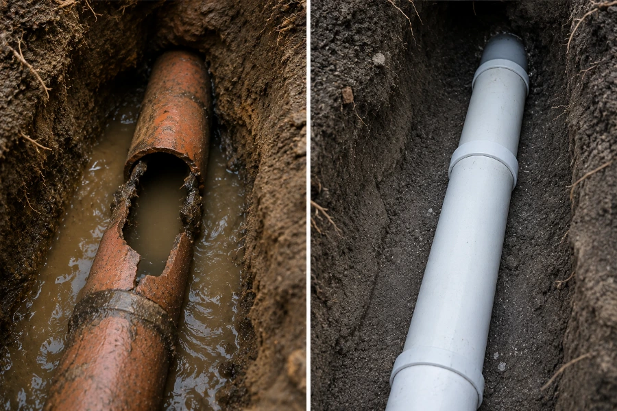 Before and after photo of a cracked clay sewer pipe replaced with new PVC pipe in a trench