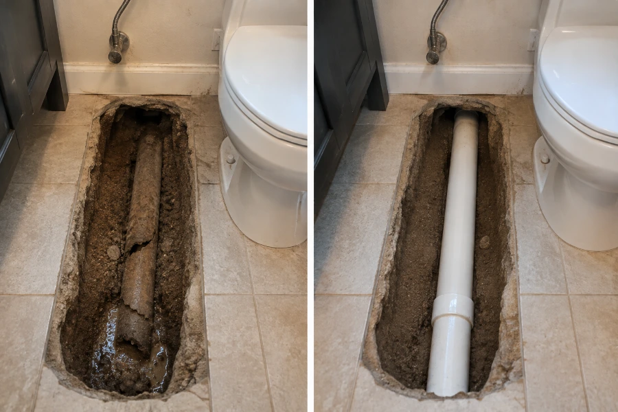 Before and after photo of a bathroom floor opened to replace an old pipe with new PVC pipe near a toilet