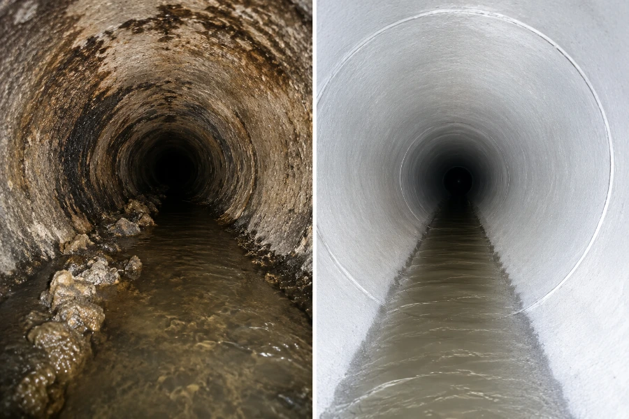 Before and after view inside a sewer pipe, showing a corroded interior versus a smooth relined pipe